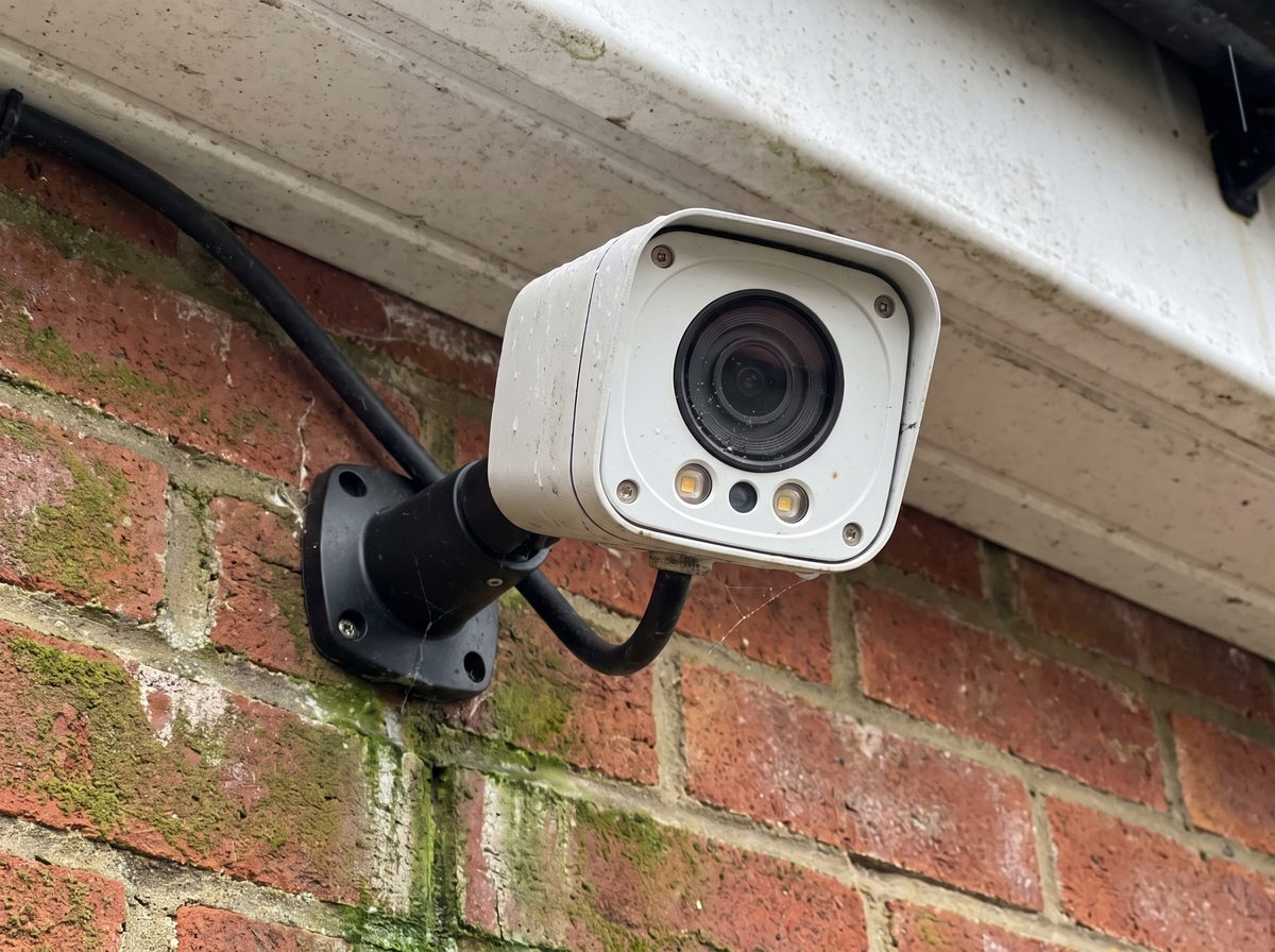 Modern bullet camera with full colour night vision LEDs mounted on brickwork