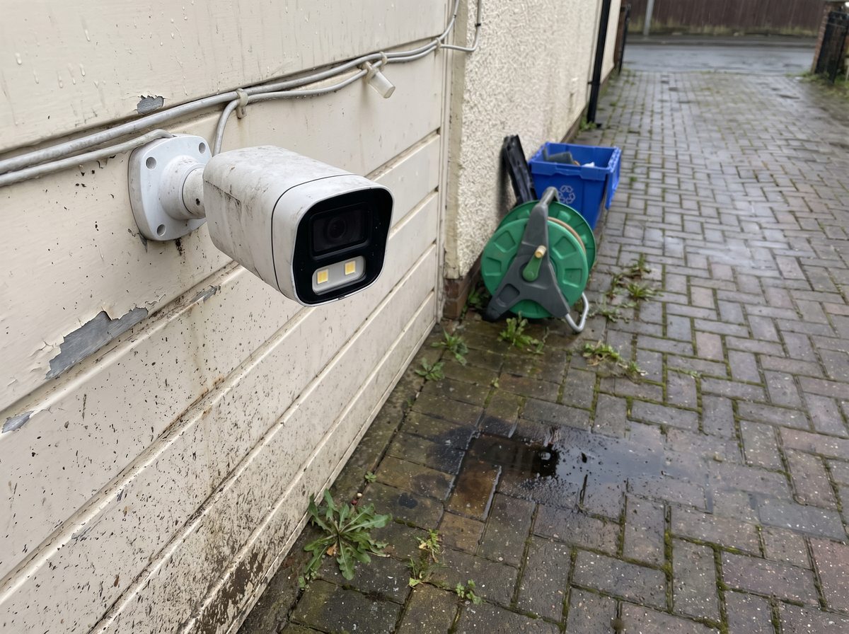Camera above a garage door covering a block paved driveway
