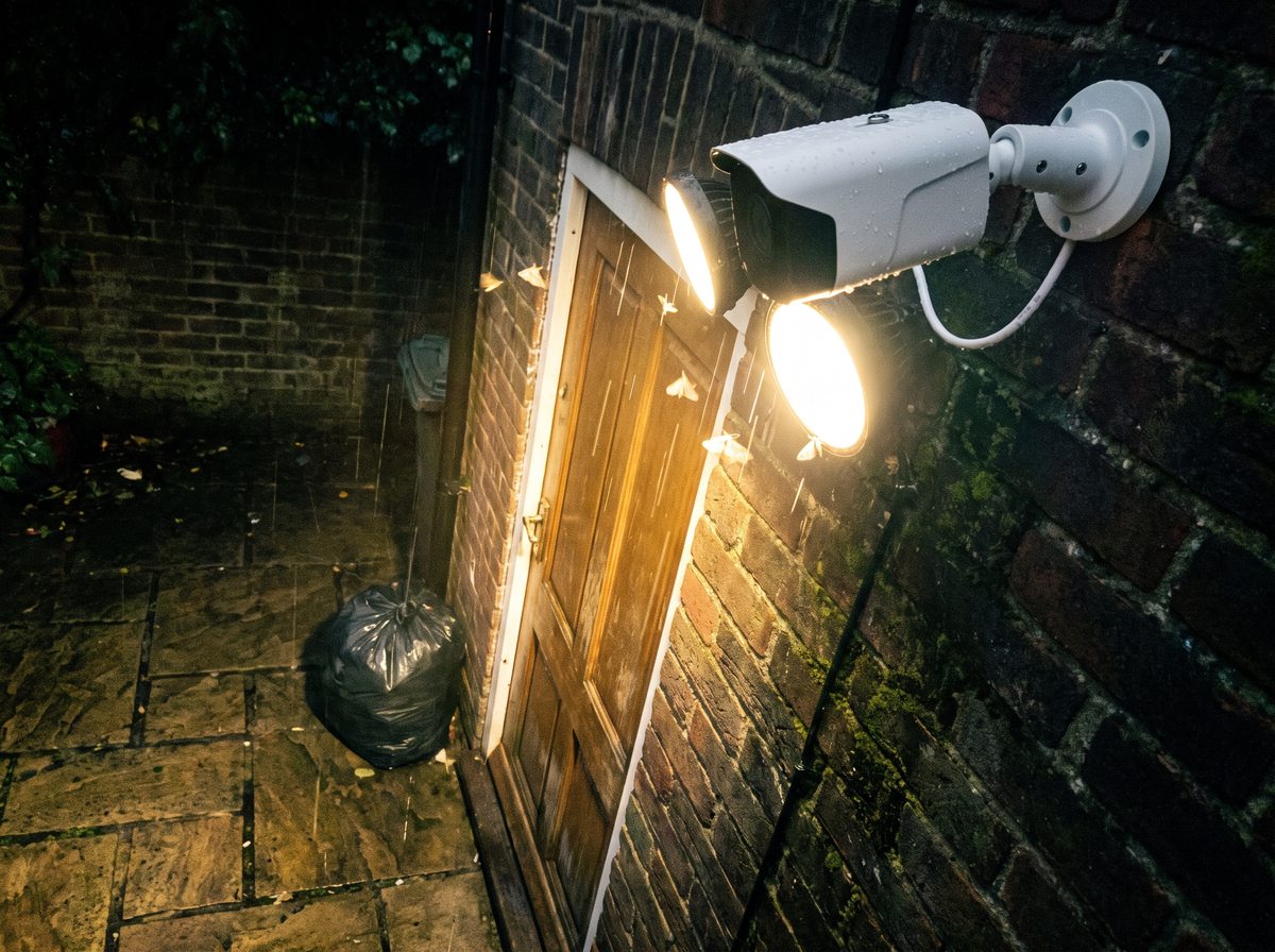 Camera lighting a rear door in full colour on a wet night