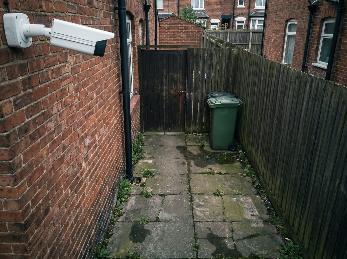 Camera covering the side passage and rear gate of a terraced house, the approach nobody overlooks