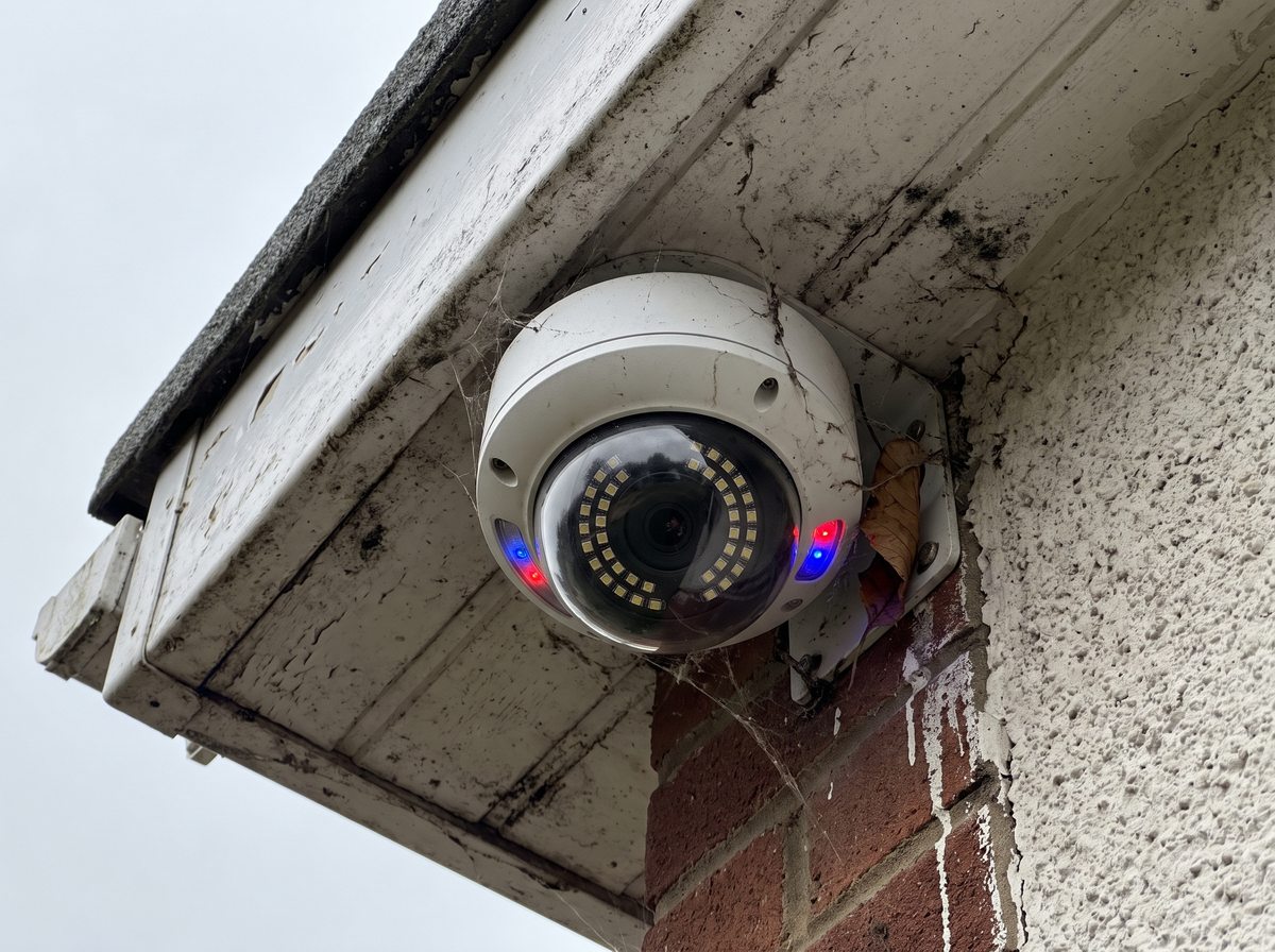 Turret camera with red and blue deterrent strobes under the eaves