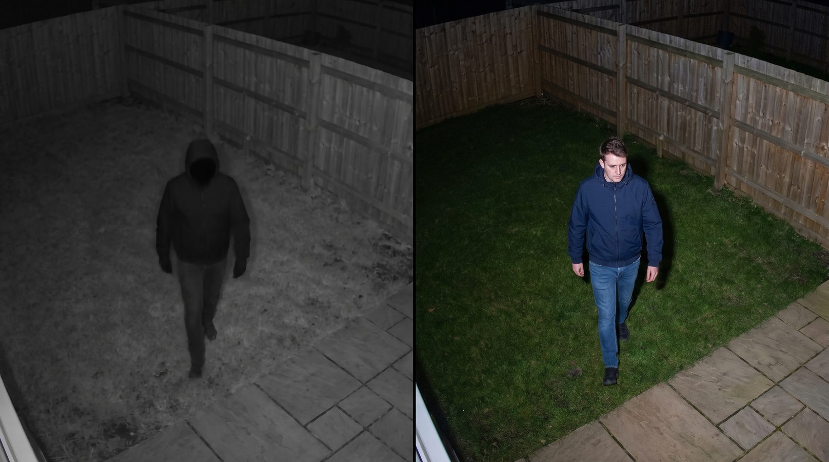 The same garden at night: infrared on the left showing an unidentifiable grey shape, full colour on the right showing a navy jacket and jeans